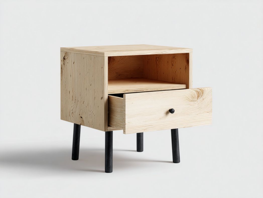 Table de chevet bois nordique – 1 tiroir et niche ouverte, pieds noirs