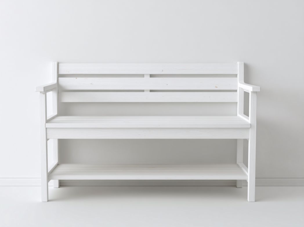 Banc en bois massif blanc avec dossier, accoudoirs et étagère de rangement