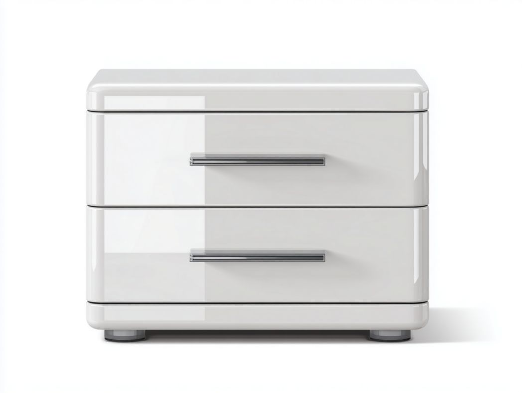 Table de chevet blanche brillante – 2 tiroirs avec poignées métalliques