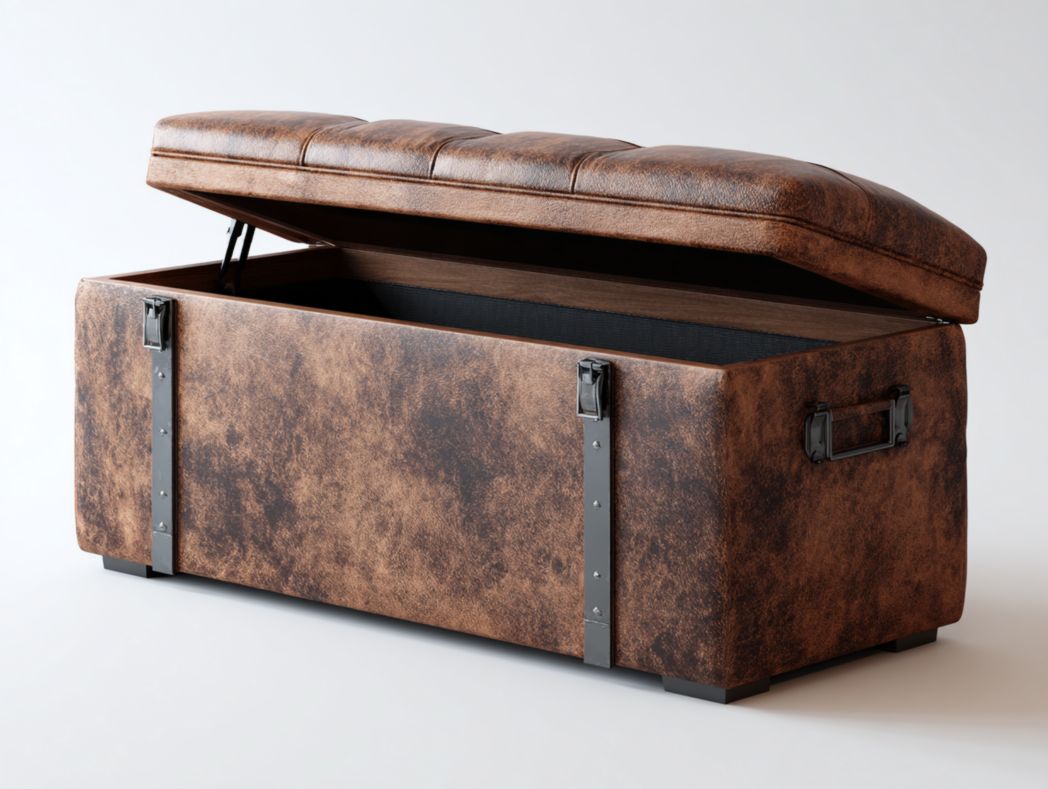 Banc coffre style industriel Similicuir marron avec détails métalliques et espace de rangement