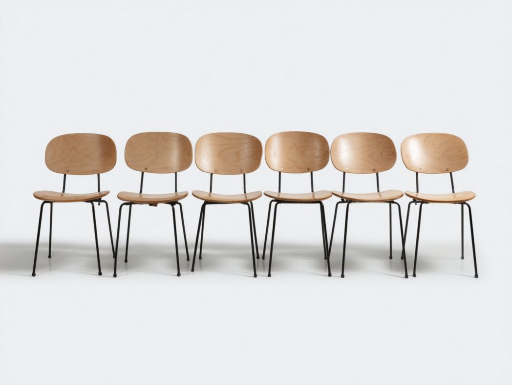 【Lot de 6】Chaises de conférence en bois clair avec dossier courbé et pieds en métal noir