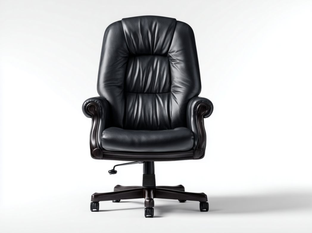 Fauteuil de bureau haut dossier en similicuir noir avec accoudoirs et base en bois