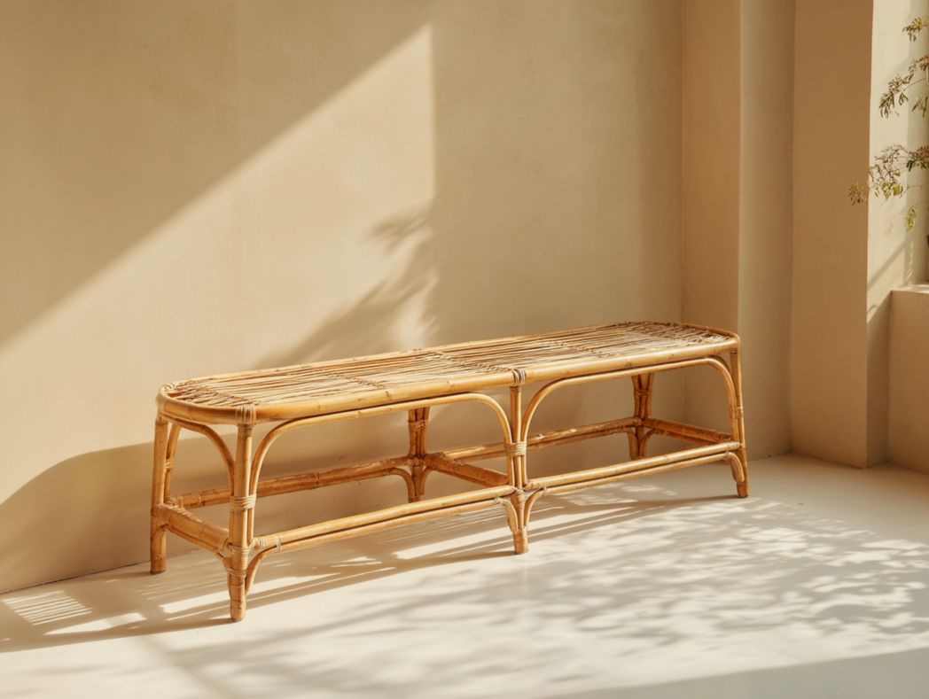 Banc en rotin naturel, assise tressée sans dossier, style léger