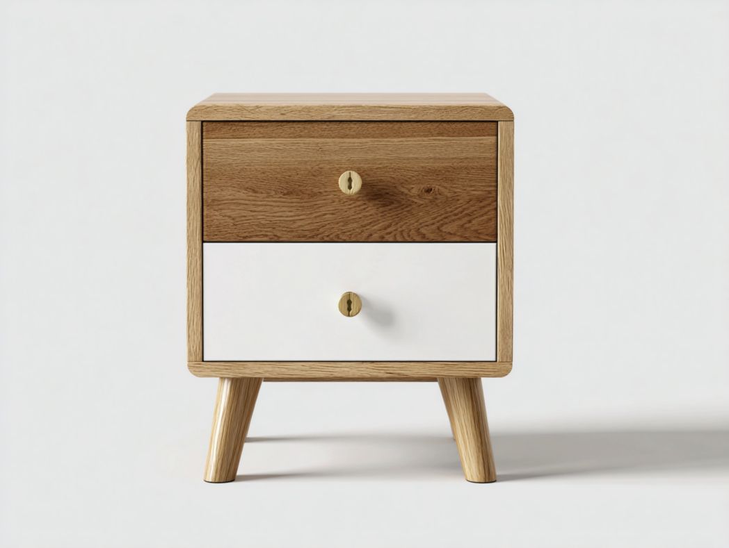Table de chevet bois scandinave – 2 tiroirs bicolores avec poignées rondes en laiton