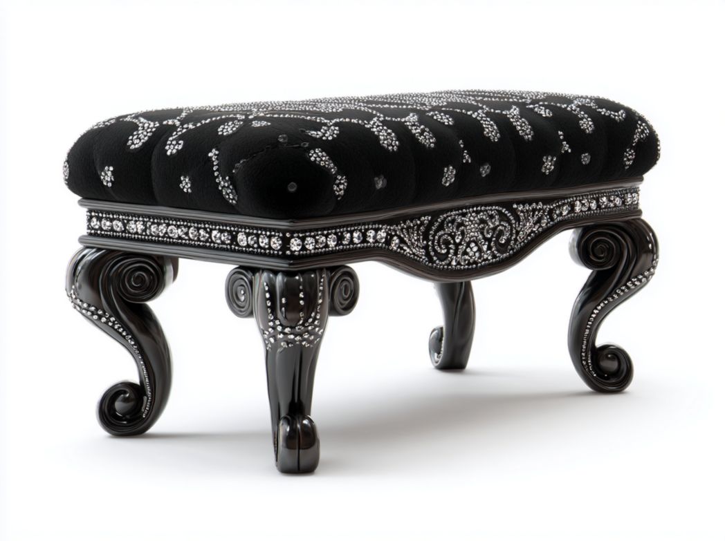 Banc en bois sculpté noir avec décor incrusté style baroque