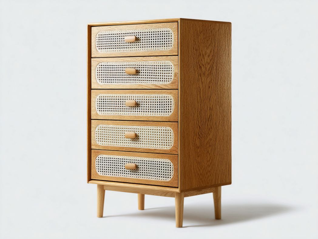Chiffonnier étroit 5 tiroirs en bois et rotin style nordique naturel