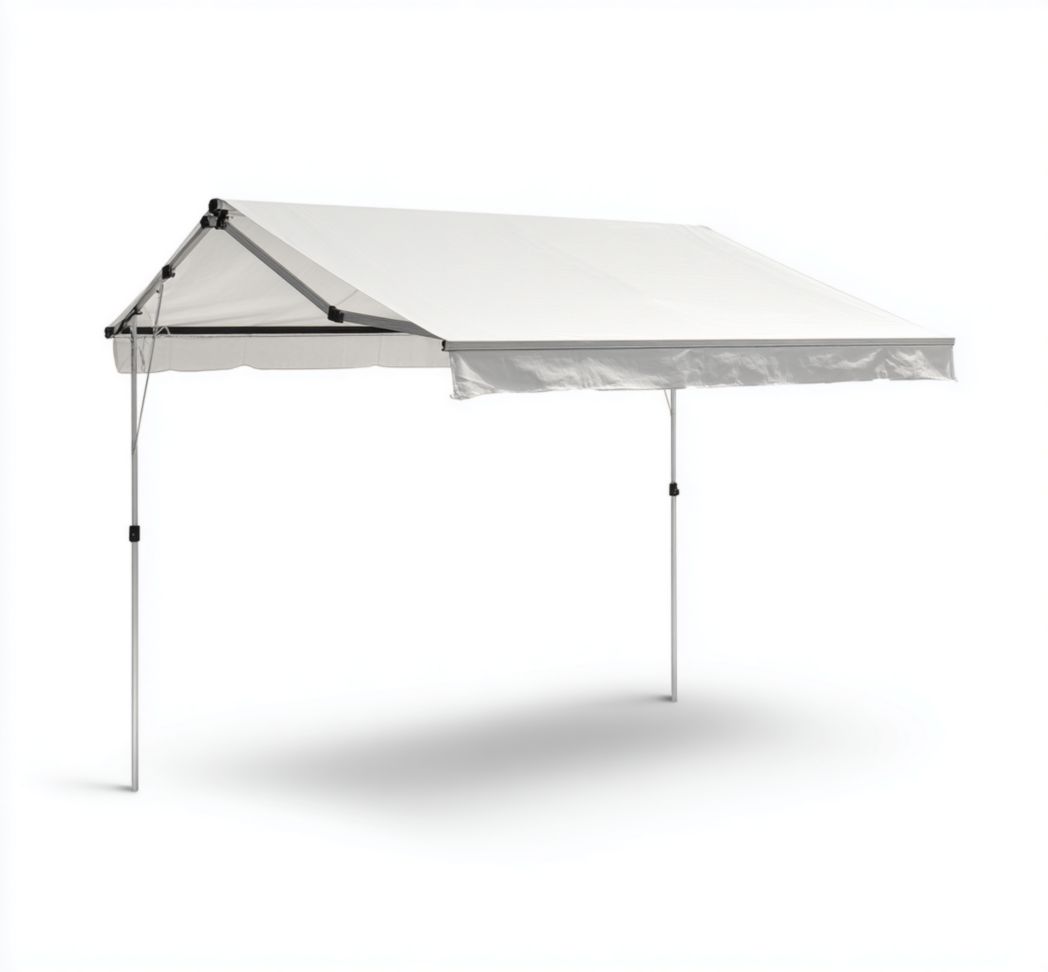 Pare-soleil latéral blanc en toile polyester avec structure en acier et toit triangulaire