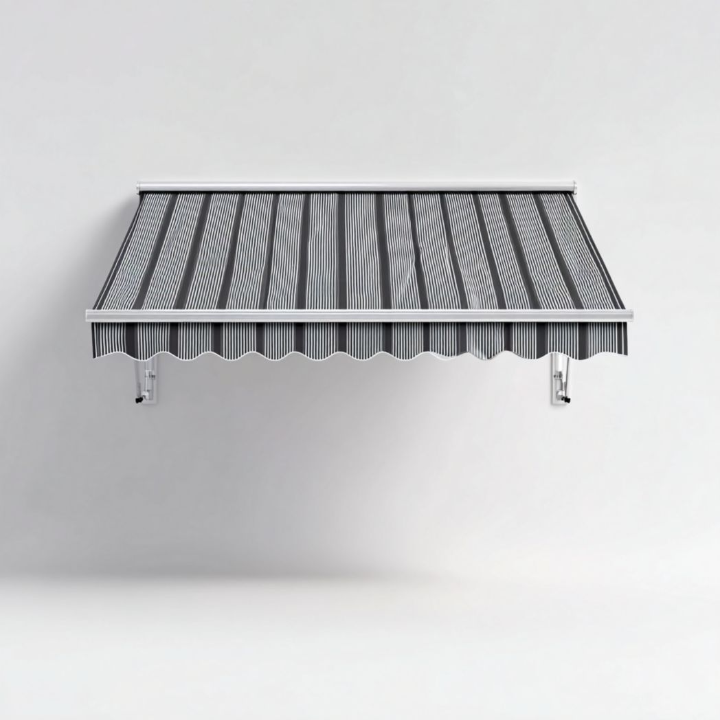 Pare-soleil latéral à rayures verticales noir et blanc, toile polyester imperméable et armature métallique