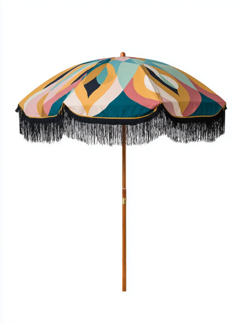 Parasol de jardin imprimé multicolore avec mât en bois et franges noires