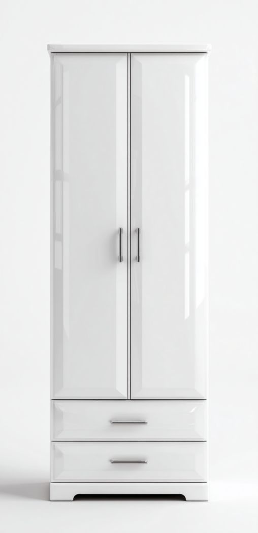 Armoire blanche en bois à 2 portes et 2 tiroirs avec poignées métalliques