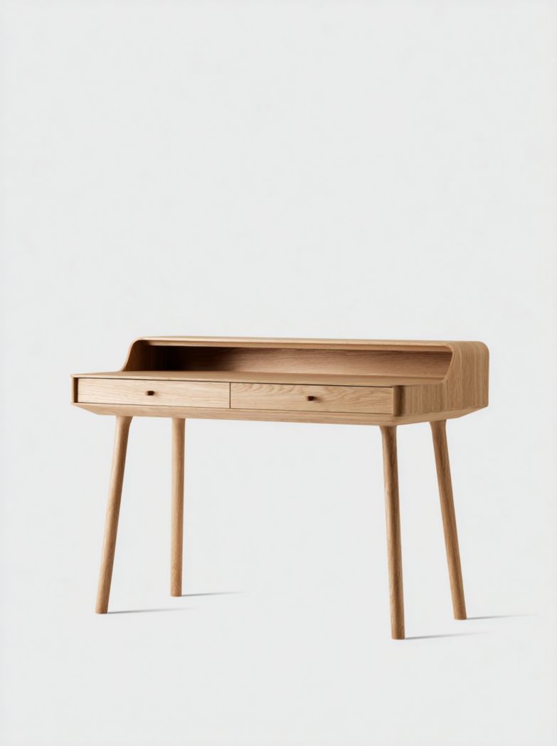 Bureau en bois massif couleur naturelle avec 2 tiroirs et espace de rangement ouvert