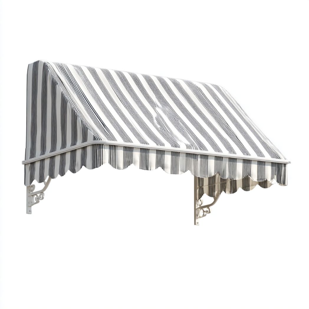 Pare-soleil latéral rayé noir et blanc, toile polyester imperméable et armature métallique