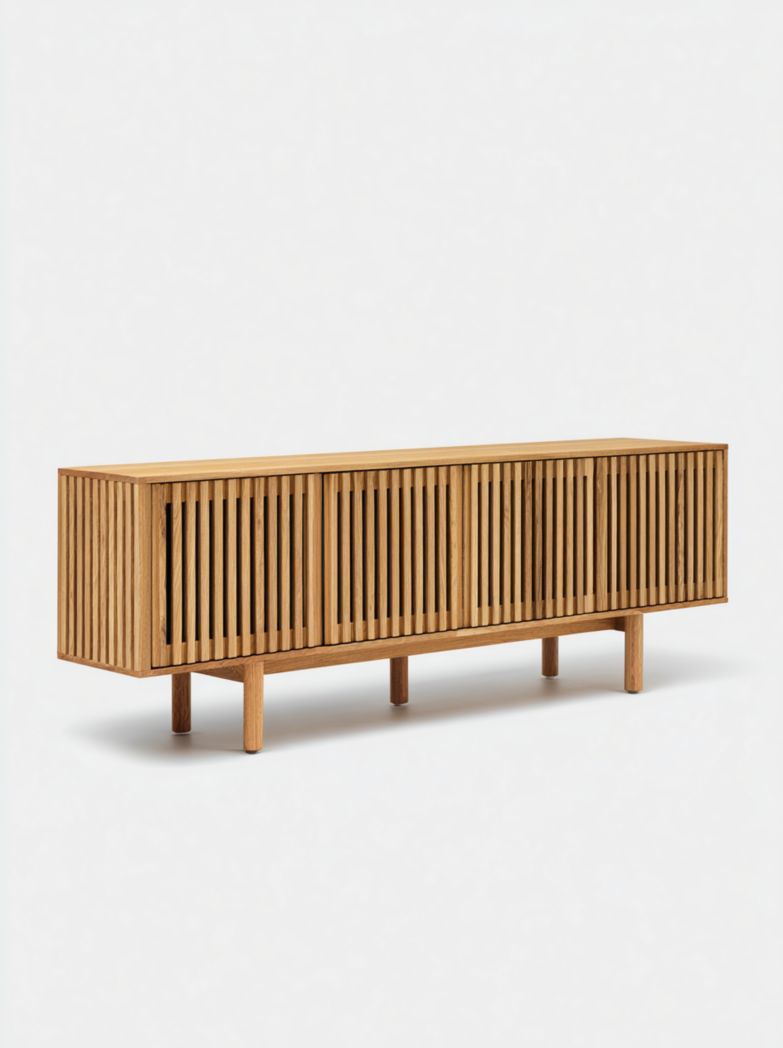 Meuble TV bas en bois clair à 4 portes avec façade à lattes