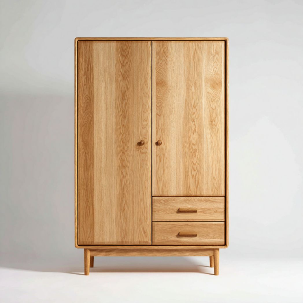 Armoire en bois 2 portes avec 2 tiroirs finition chêne naturel