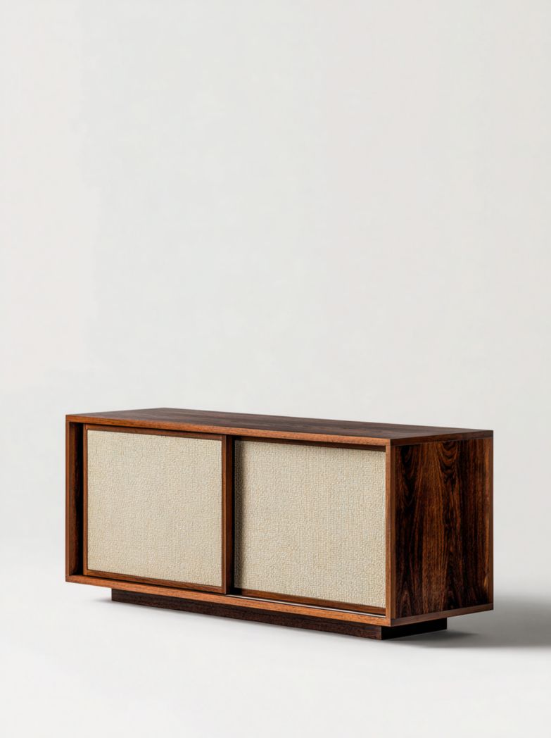 Meuble TV en bois foncé avec 2 portes coulissantes en façade textile