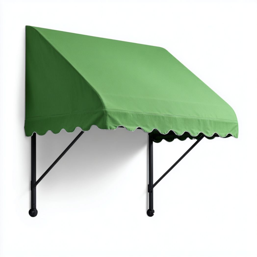 Pare-soleil latéral vert en toile polyester, armature métallique noire avec bord ondulé