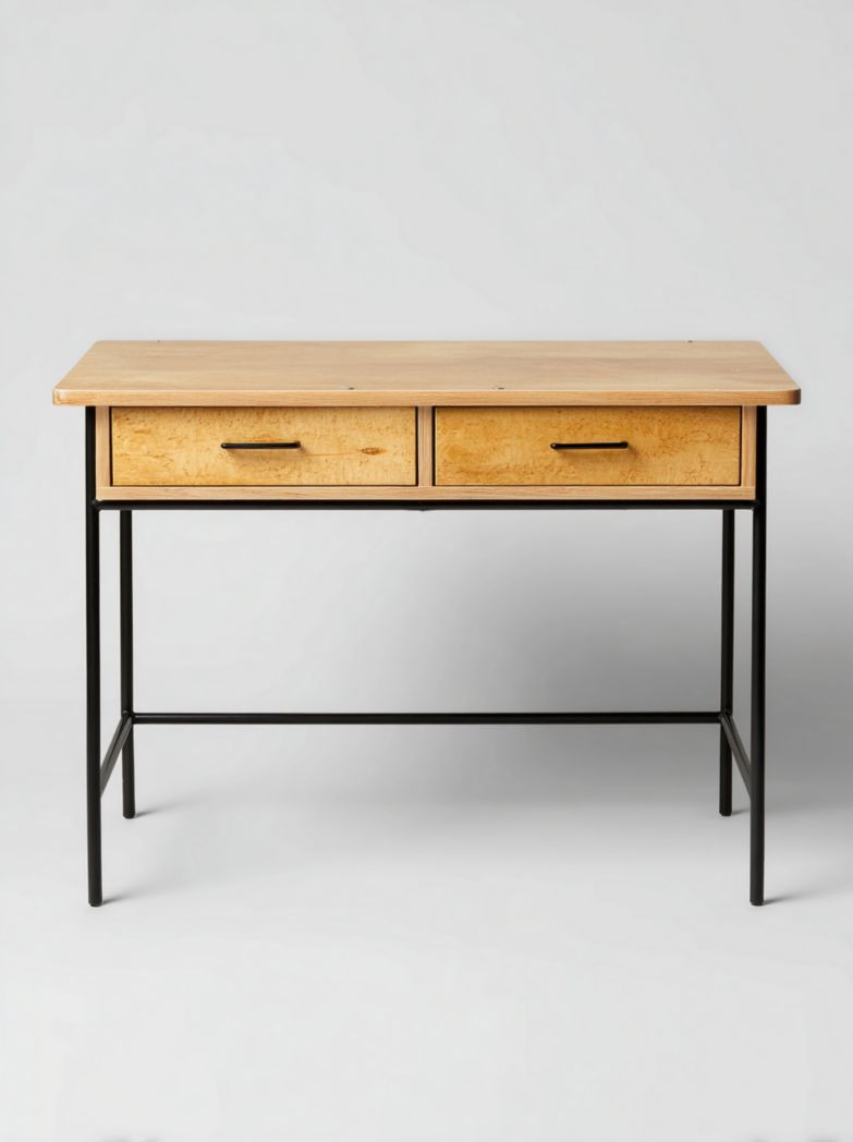 Bureau rectangulaire bois clair avec 2 tiroirs et structure en métal noir