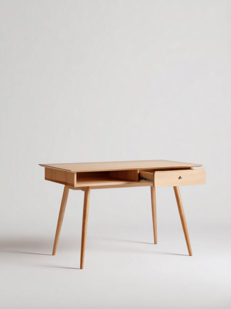 Bureau en bois massif couleur naturelle avec 1 tiroir et 1 compartiment ouvert