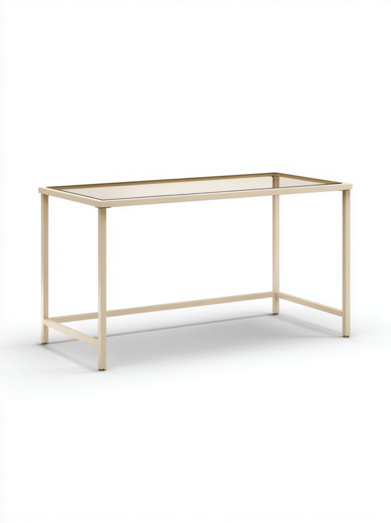 Bureau rectangulaire en métal clair avec plateau en verre trempé, sans tiroir