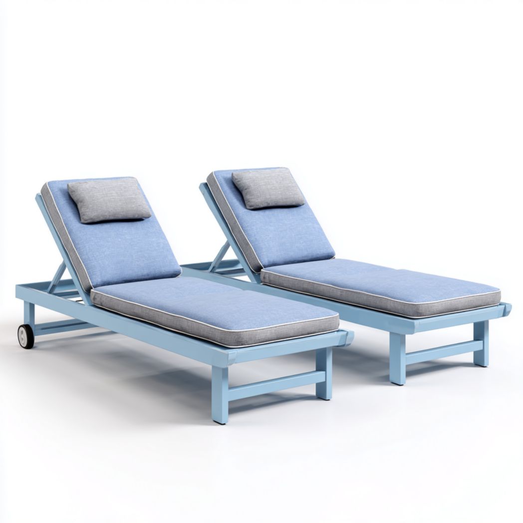 Ensemble de 2 chaises longues en métal bleu avec coussins gris-bleu et têtières