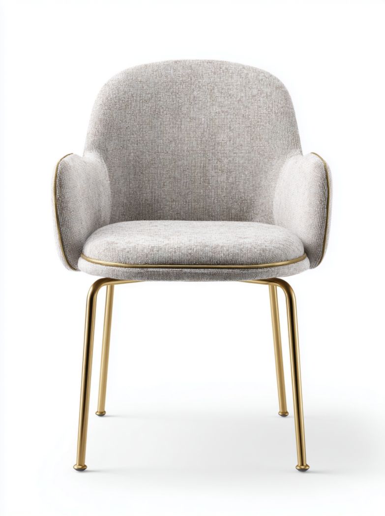 Fauteuil rembourré en tissu beige avec pieds en métal doré, design minimaliste moderne
