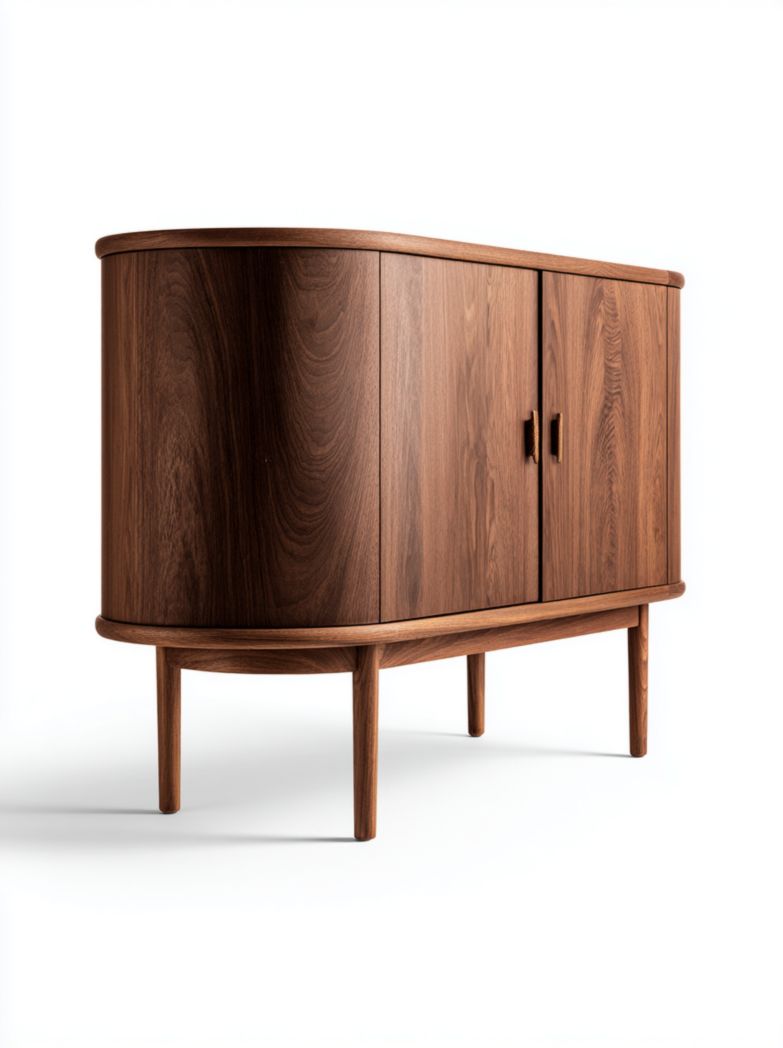 Buffet en bois massif foncé, forme rectangulaire à bords arrondis, 2 portes