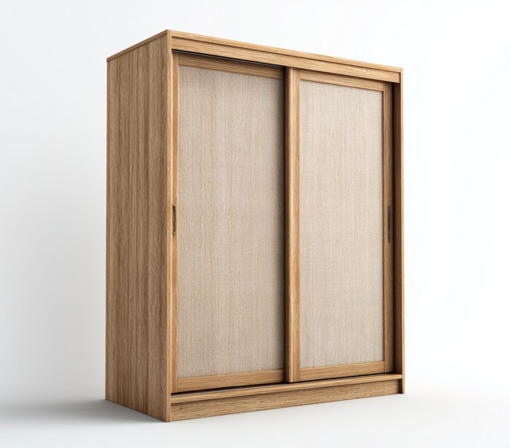 Armoire 2 portes coulissantes en bois avec façades en tissu beige