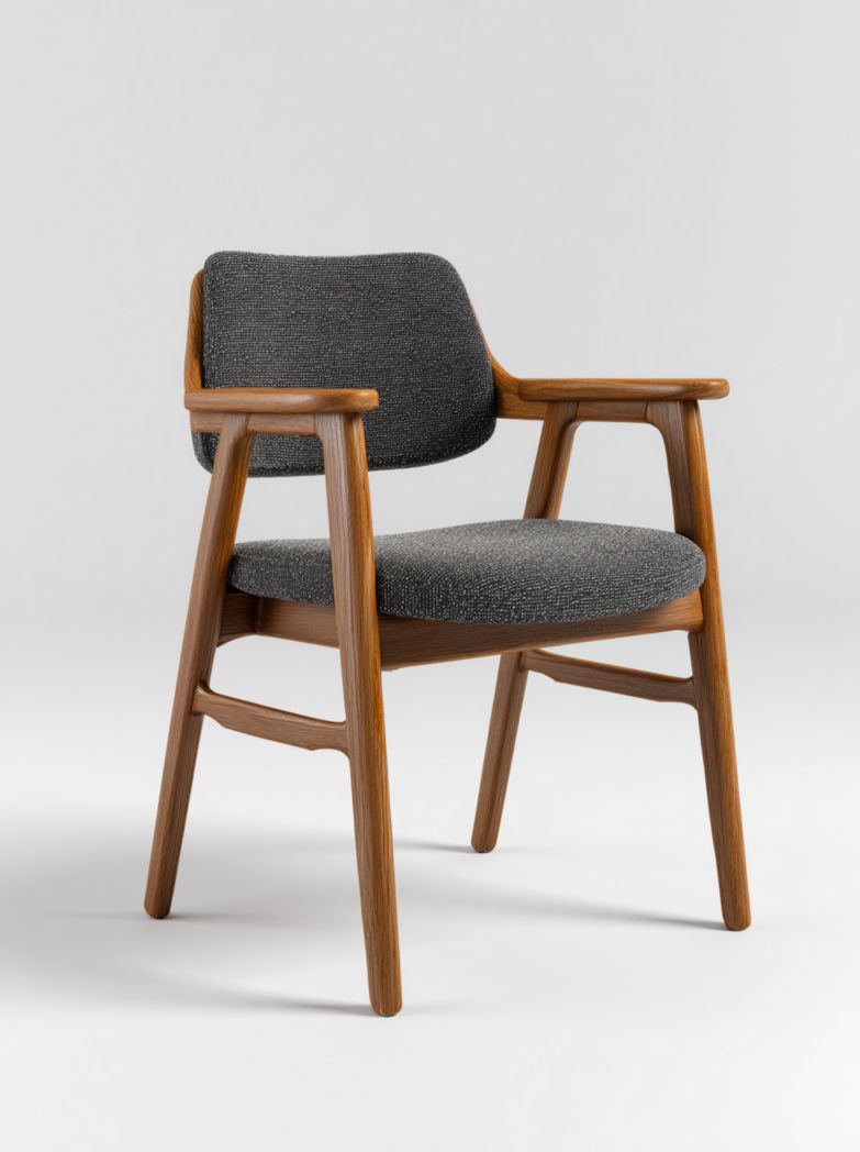 Fauteuil rembourré avec structure en noyer et assise en tissu gris foncé