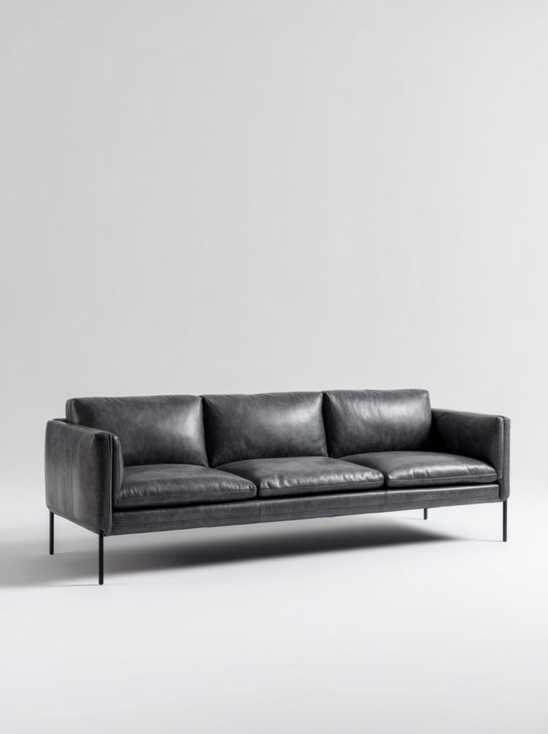 Canapé 3 places en cuir noir avec pieds en métal fin