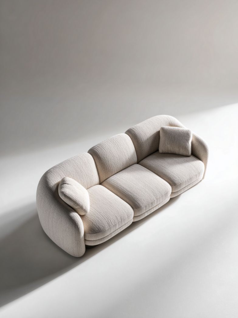 Canapé 3 places en tissu ivoire forme arrondie avec 2 coussins