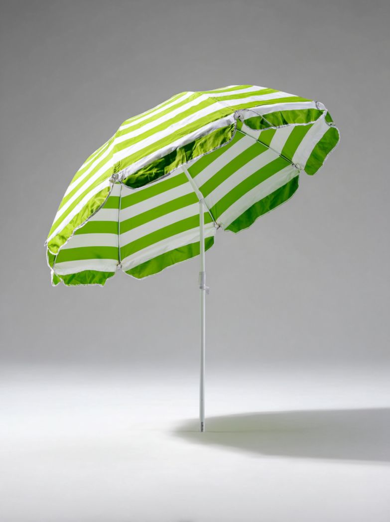 Parasol de jardin à rayures vertes et blanches avec toile ronde et mât en métal blanc