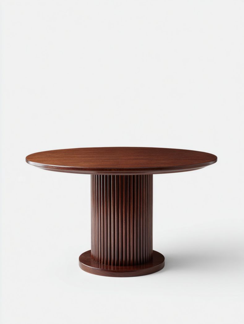 Table ronde en bois brun foncé avec piètement cylindrique nervuré