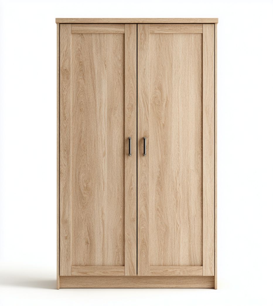 Armoire en bois 2 portes finition chêne clair avec poignées métalliques