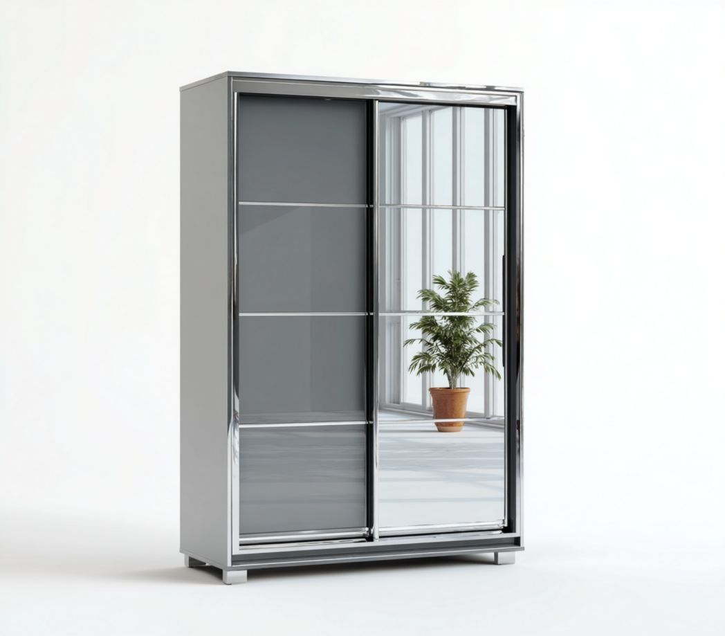 Armoire 2 portes coulissantes avec façade miroir et cadre métal gris