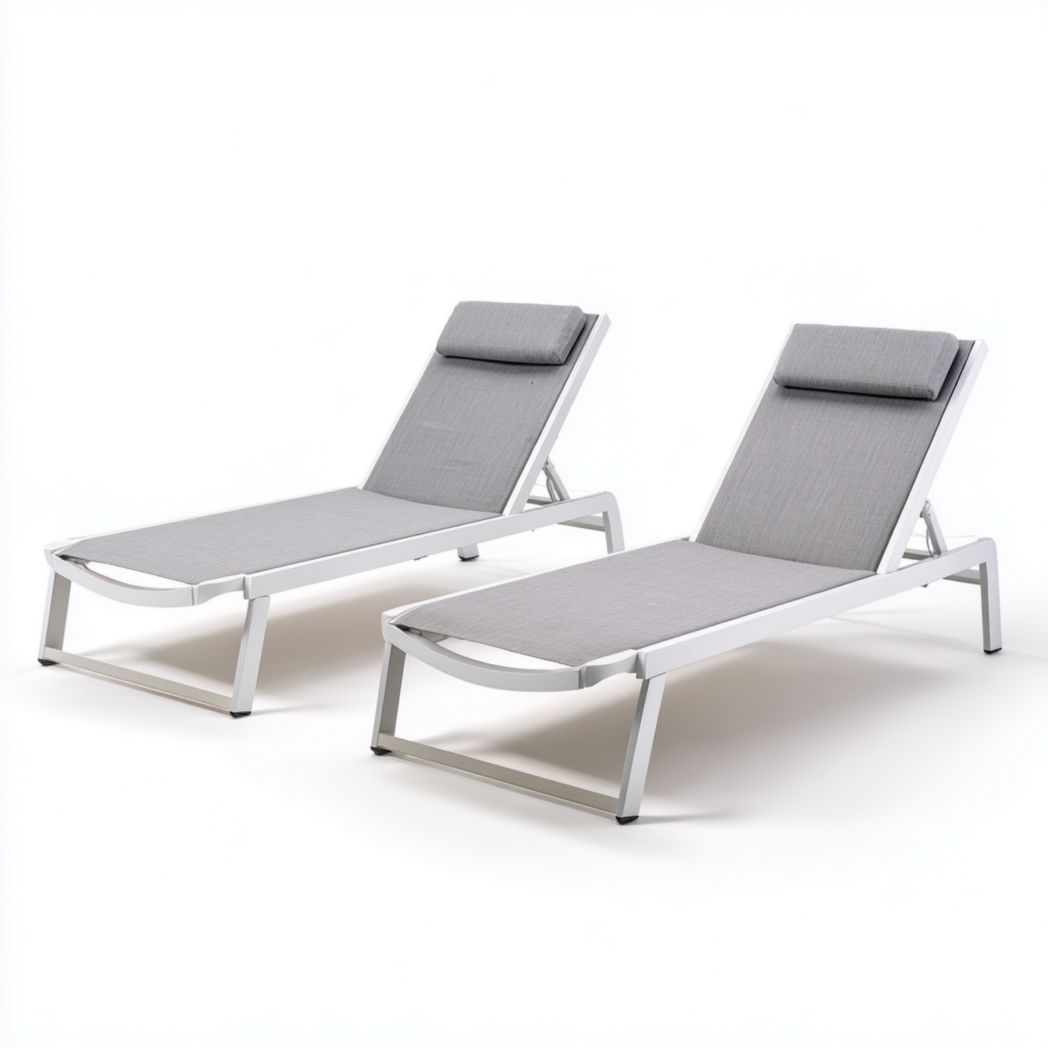 Lot de 2 chaises longues en aluminium avec toile grise et appuie-tête