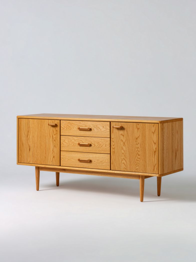 Buffet en bois massif clair, forme rectangulaire, 2 portes et 3 tiroirs