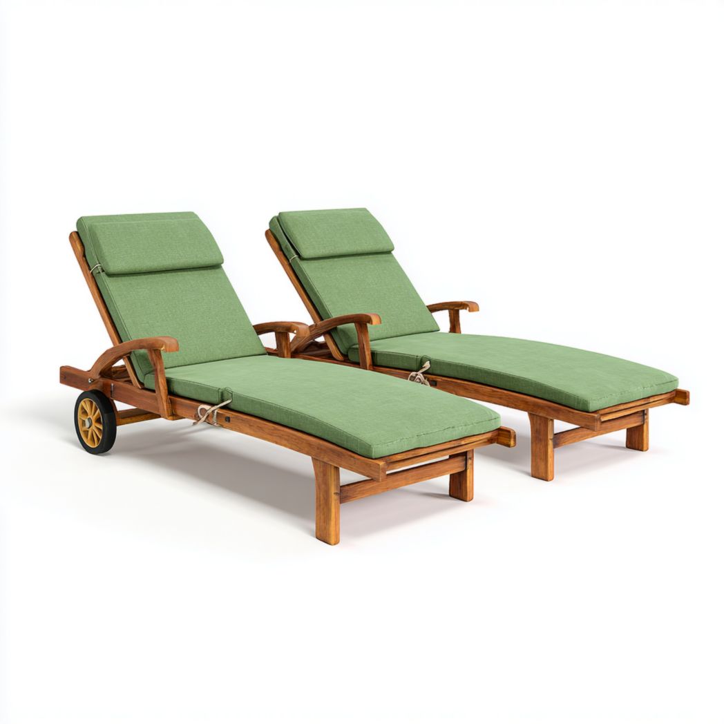 Lot de 2 chaises longues en bois avec coussins verts et accoudoirs, modèle mobile