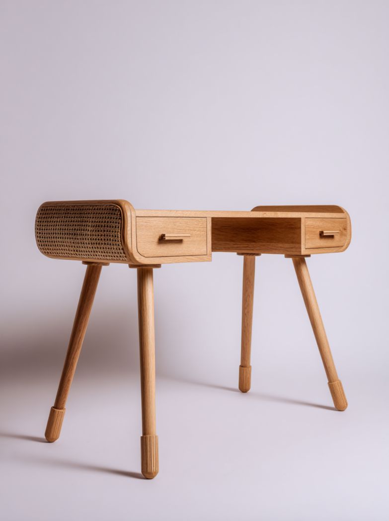 Bureau en bois massif et rotin, 2 tiroirs design