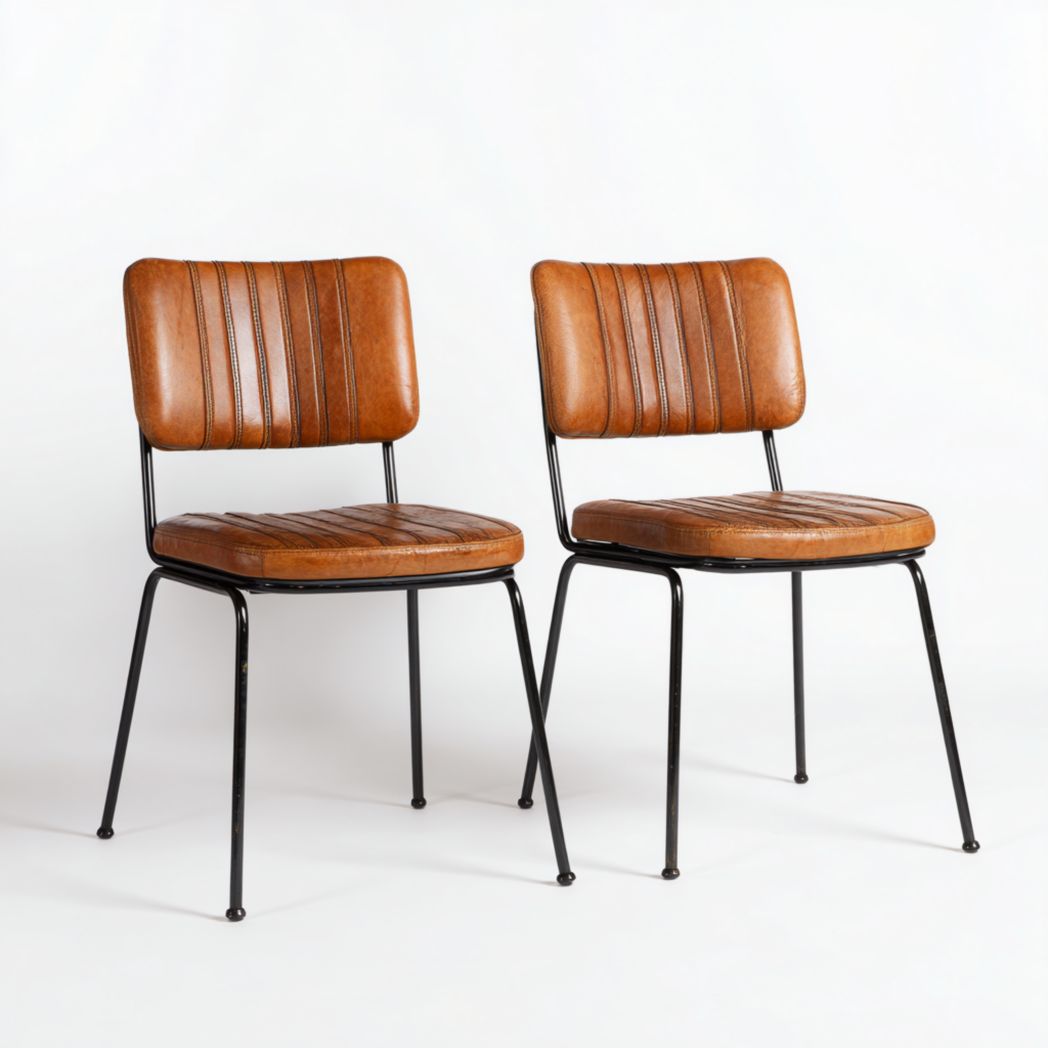 Lot de 2 chaises vintage en cuir marron avec pieds en métal noir