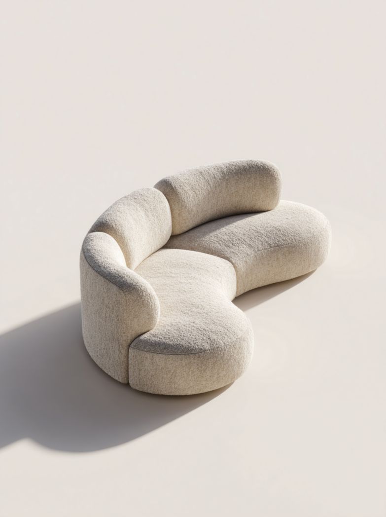 Canapé d'angle en tissu écru design arrondi sans coussins