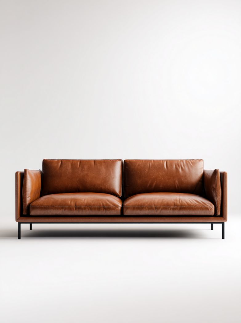 Canapé 2 places en cuir marron avec structure métallique