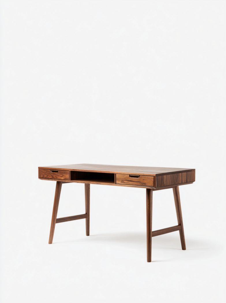 Bureau en bois massif finition noyer, 2 tiroirs et 1 compartiment ouvert