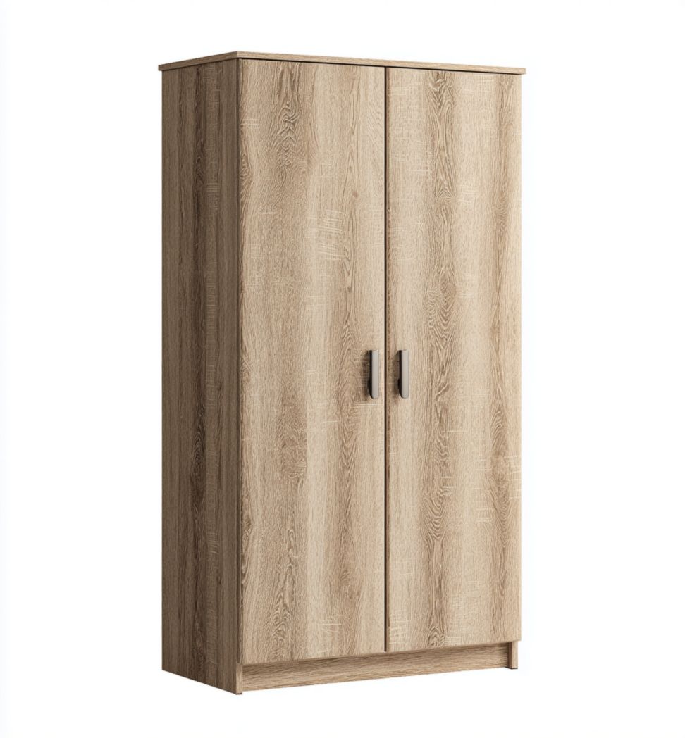 Armoire en bois clair à deux portes avec poignées noires design simple
