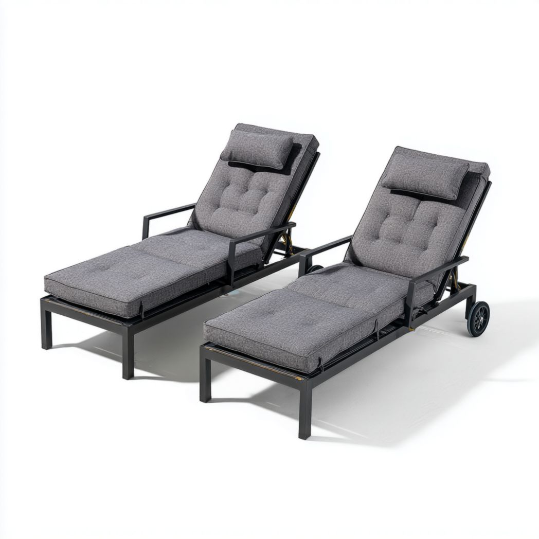 Lot de 2 chaises longues grises avec coussins, structure en aluminium et dossier réglable