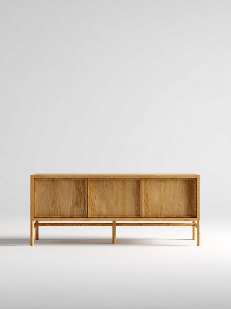 Meuble TV bas en bois naturel avec 3 portes coulissantes