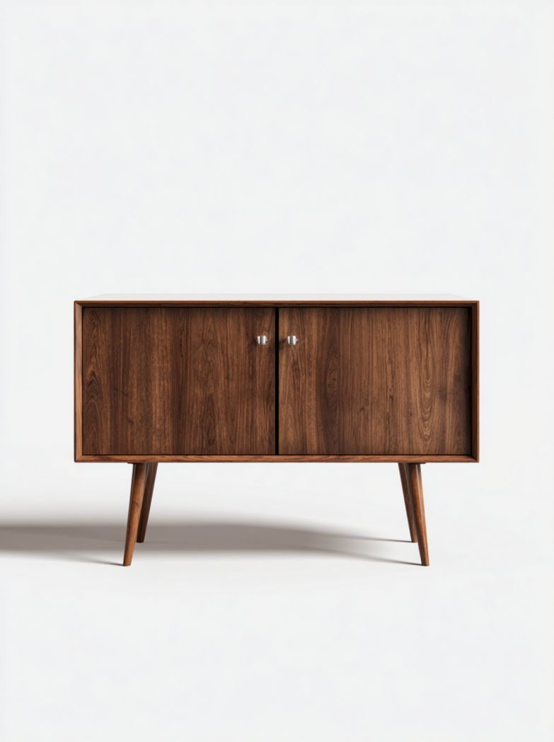 Buffet en noyer massif foncé, rectangulaire avec 2 portes et pieds inclinés