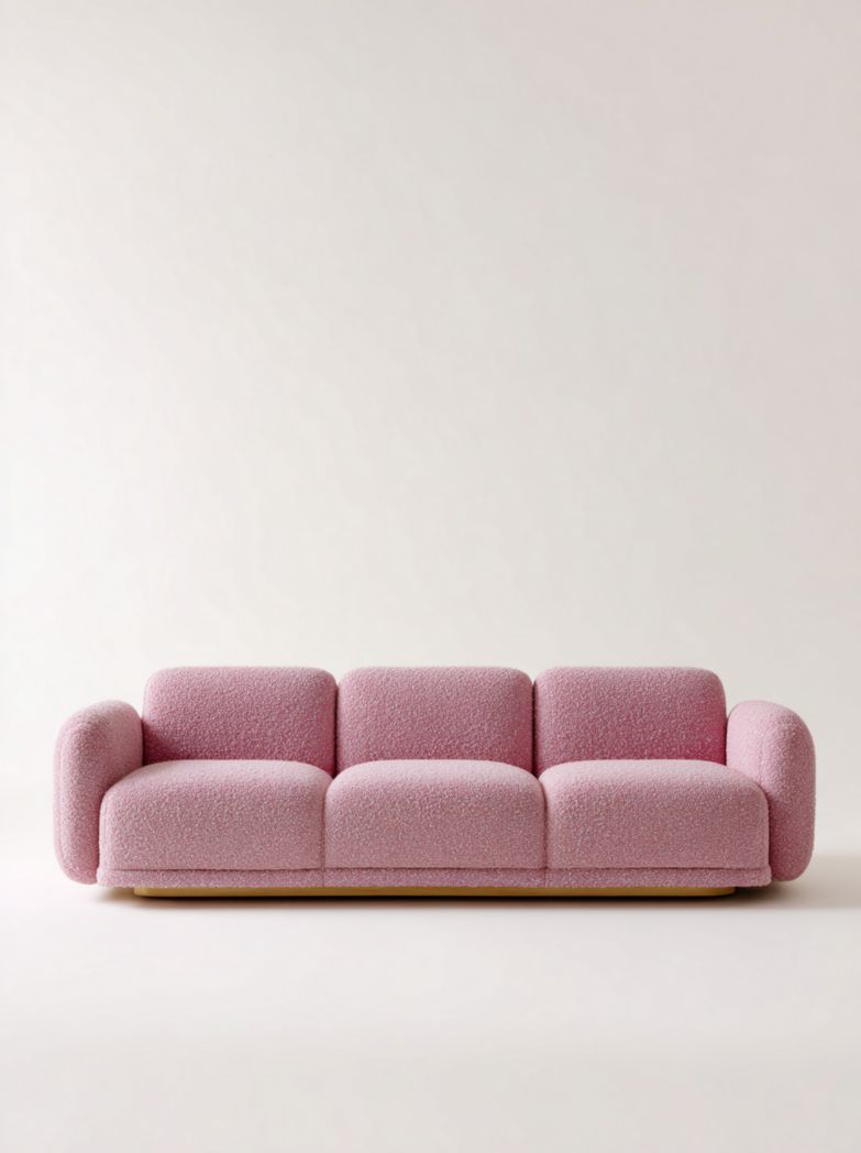 Canapé 3 places en tissu bouclette rose avec accoudoirs arrondis et assise basse