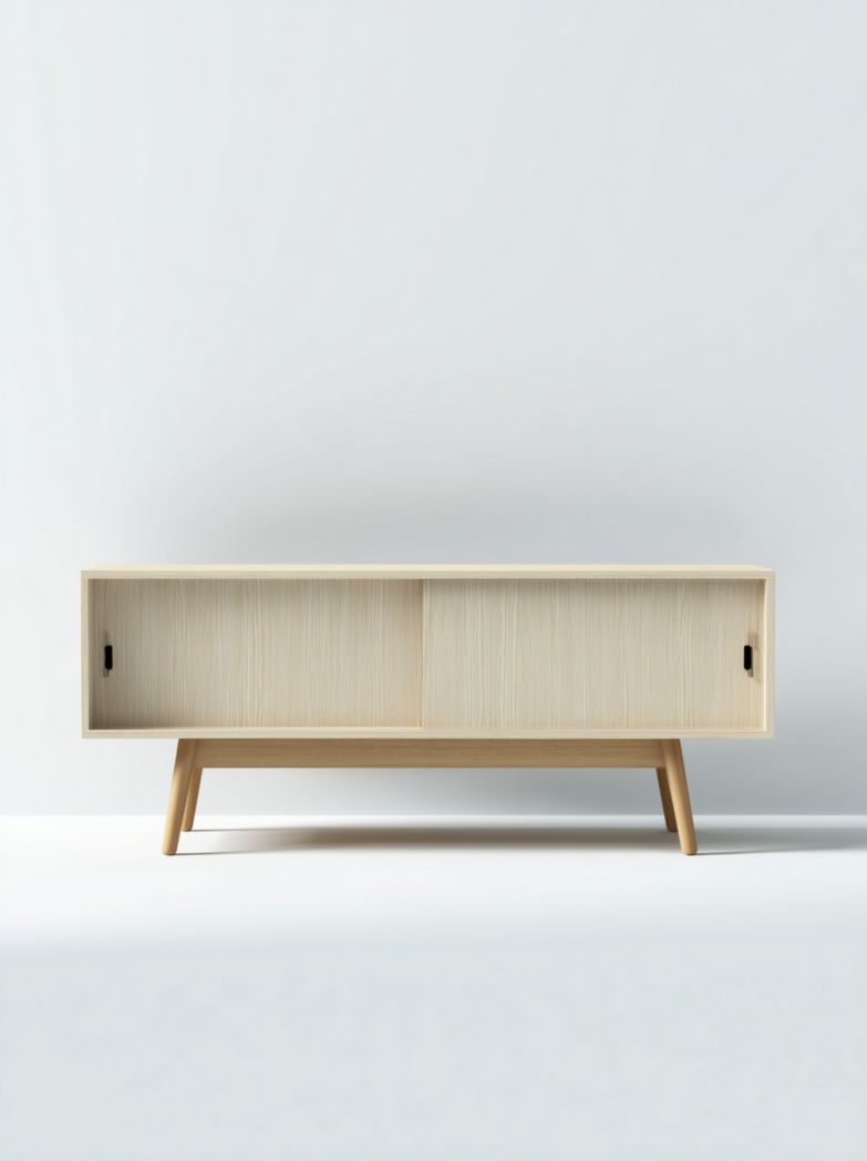 Meuble TV en bois clair avec 2 portes coulissantes et pieds inclinés