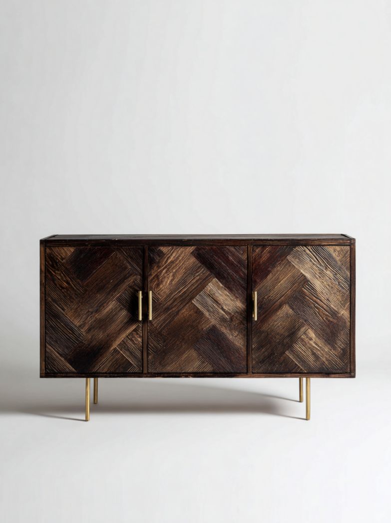 Buffet en bois foncé à motif chevrons, 3 portes battantes avec poignées et pieds métalliques