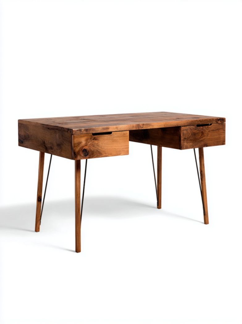 Bureau rectangulaire en bois massif noyer foncé avec 2 tiroirs